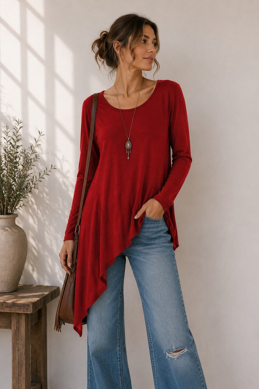Bryn Walker Red Asymmetrical Hem Lagenlook Blouse Womens L Casual Long Sleeve